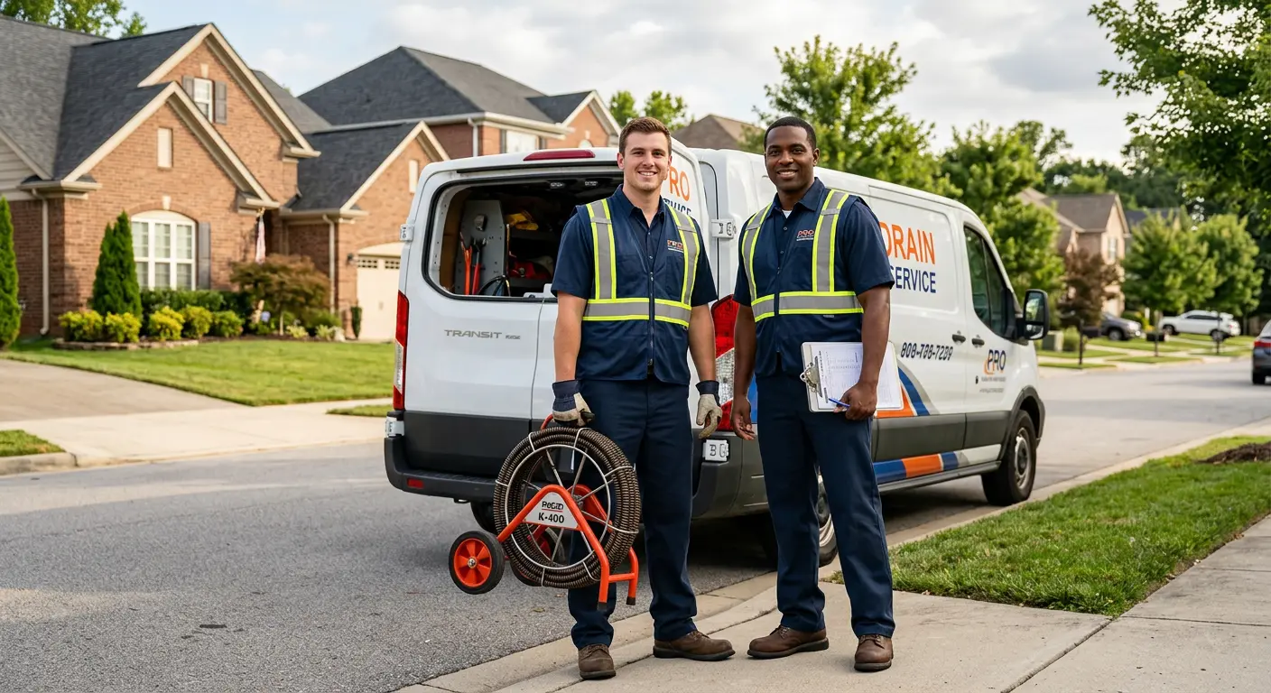 Sewer and drain service team with equipment ready for work in Pratt