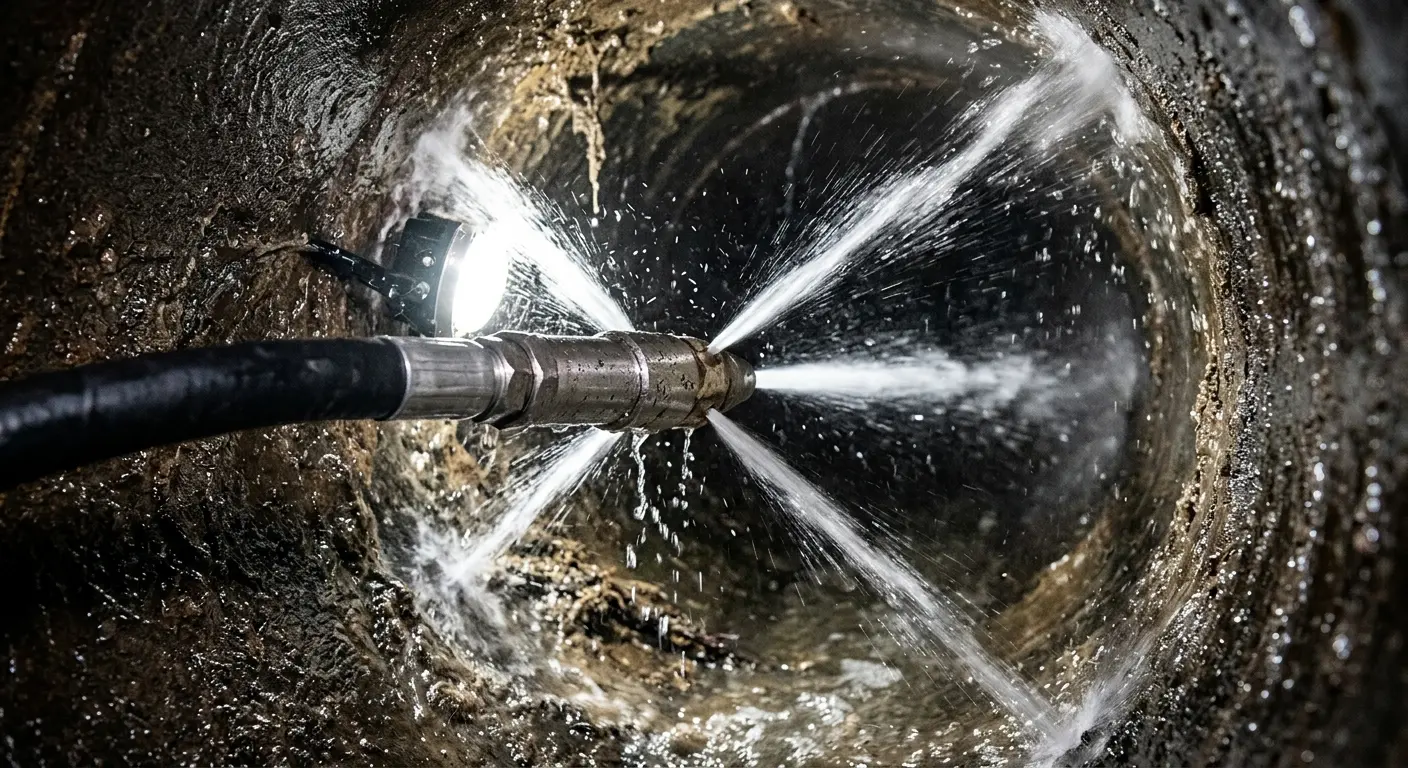 High-pressure hydro jetting nozzle cleaning sewer pipe for Trenchless Sewer Repair in Pratt