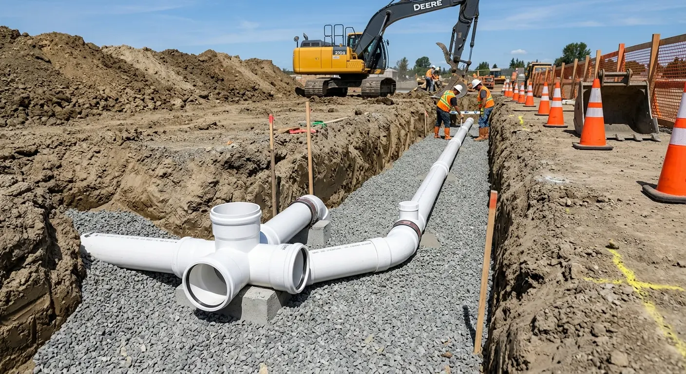 New PVC sewer pipe installation in open trench for Commercial Drain Cleaning in Pratt