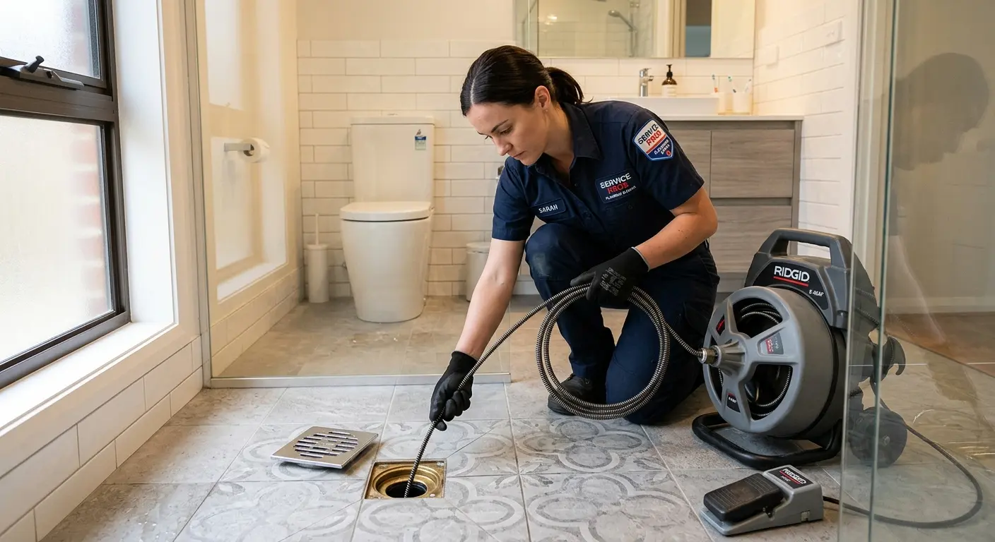 Technician clearing a bathroom floor drain for Sewer Line Replacement in Pratt
